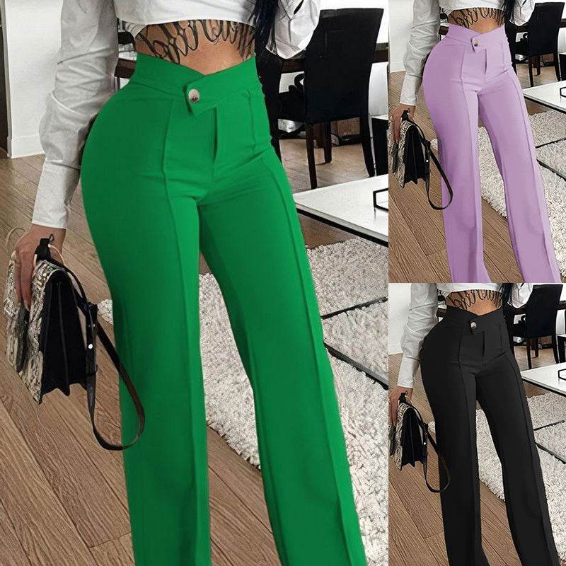Slim Straight-leg Pants With Buckle Fashion Solid Color Trousers For Womens Clothing - terrifictrend