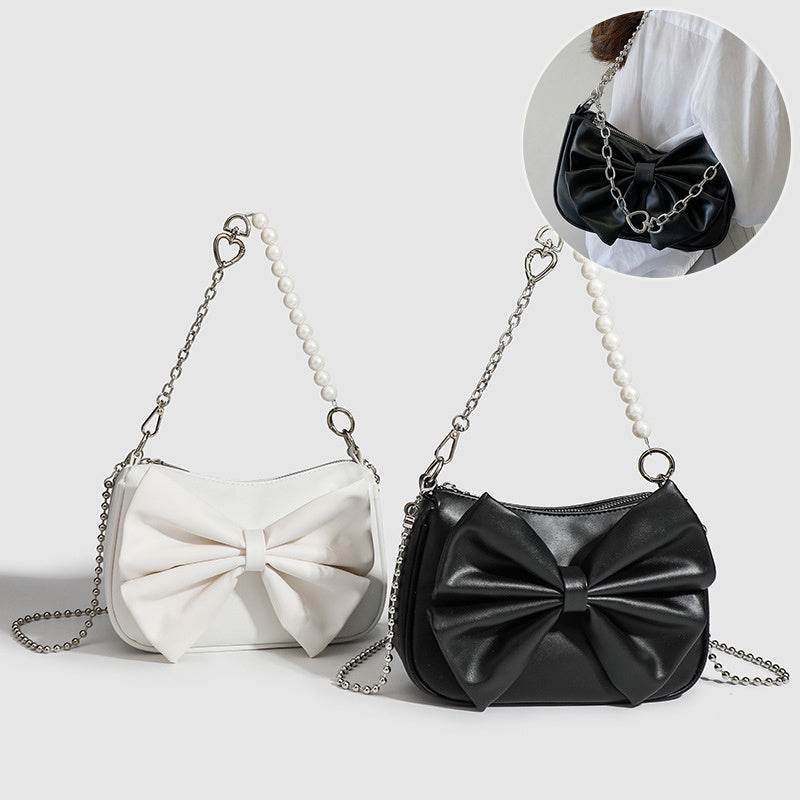 Black White PU Bow Handbags Autumn Winter Ladies Underarm Tote Bags Fashion Simple Pearl Chain Shoulder Bag Small Purse - terrifictrend