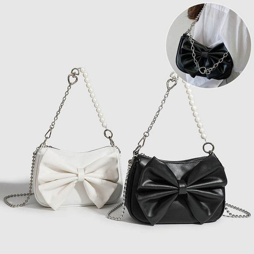 Black White PU Bow Handbags Autumn Winter Ladies Underarm Tote Bags Fashion Simple Pearl Chain Shoulder Bag Small Purse - terrifictrend