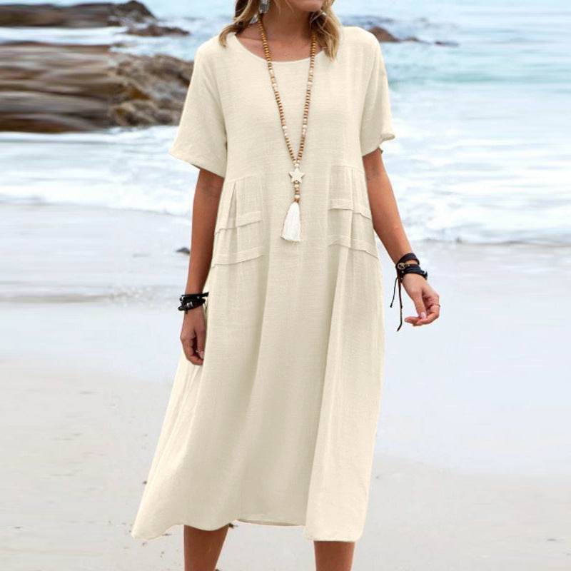 Women's Summer Loose Casual Midi Dress Breathable Cotton Linen Short-sleeve Mid-length Dresses Women Simple Beach Dress - terrifictrend