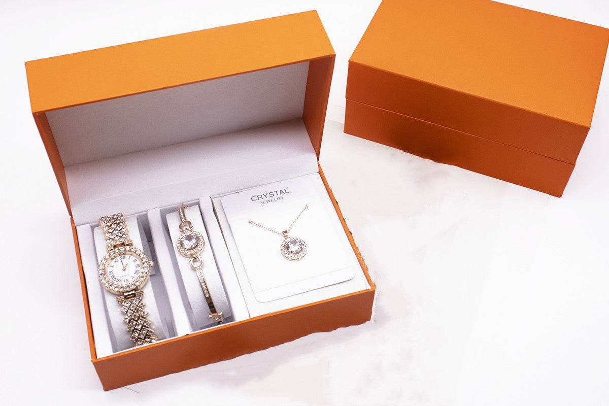 3-piece Rhinestone Watch Set With Bracelet And Necklace - terrifictrend