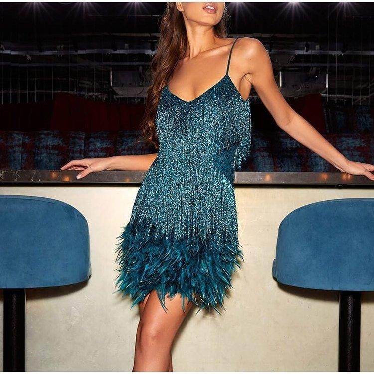 Sexy Tassel Sequins Feather Summer Mini Dress Women V Neck Spaghetti Strap Stitching Dresses Female Elegant Evening Party Club Dress - terrifictrend