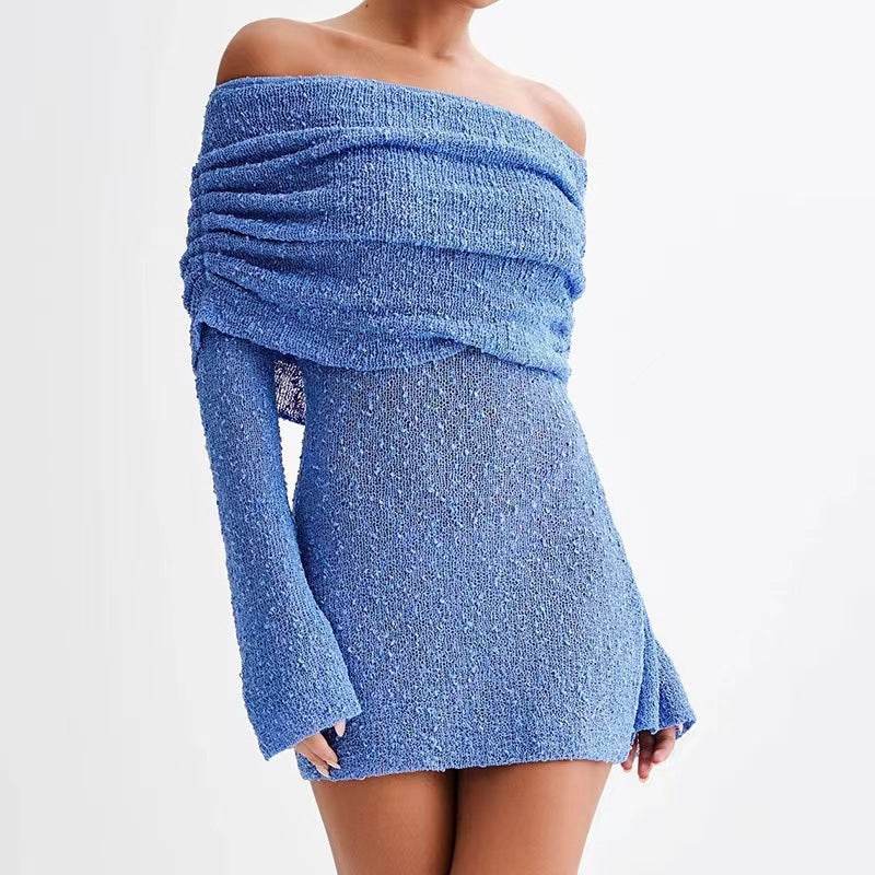 Women's Spring Summer Knitted Dress Elegant Party Boat Neck Dress Infant Off Shoulder Bodycon Long Sleeve Fuzzy Short Club Chic Mini Dress - terrifictrend