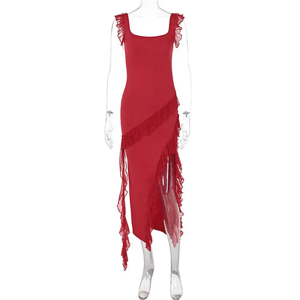 Ruffle Thigh High Split Dress Women Sexy Spaghetti Strap Square Neck Backless Suspender Dresses For Evening Praty Clothing - terrifictrend