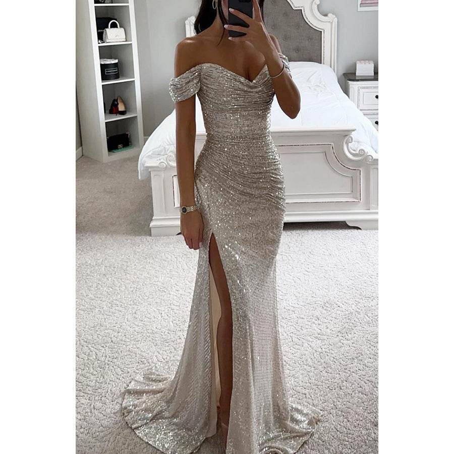 Party Sequins Off-neck Split Dress INS Casual Fashion Dress Women - terrifictrend