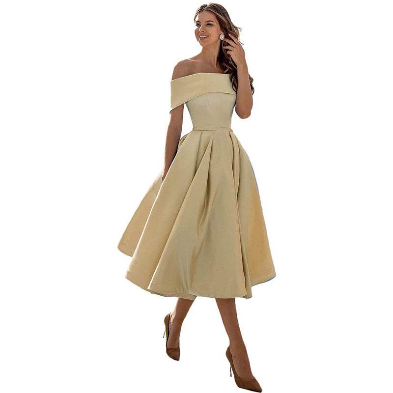 Women's Fashion Casual Strapless Satin Party Dress Off The Shoulder Tea Length Satin Prom Dresses With Pockts Formal Evening Party Dress - terrifictrend