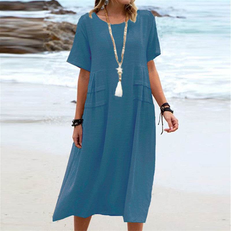 Women's Summer Loose Casual Midi Dress Breathable Cotton Linen Short-sleeve Mid-length Dresses Women Simple Beach Dress - terrifictrend