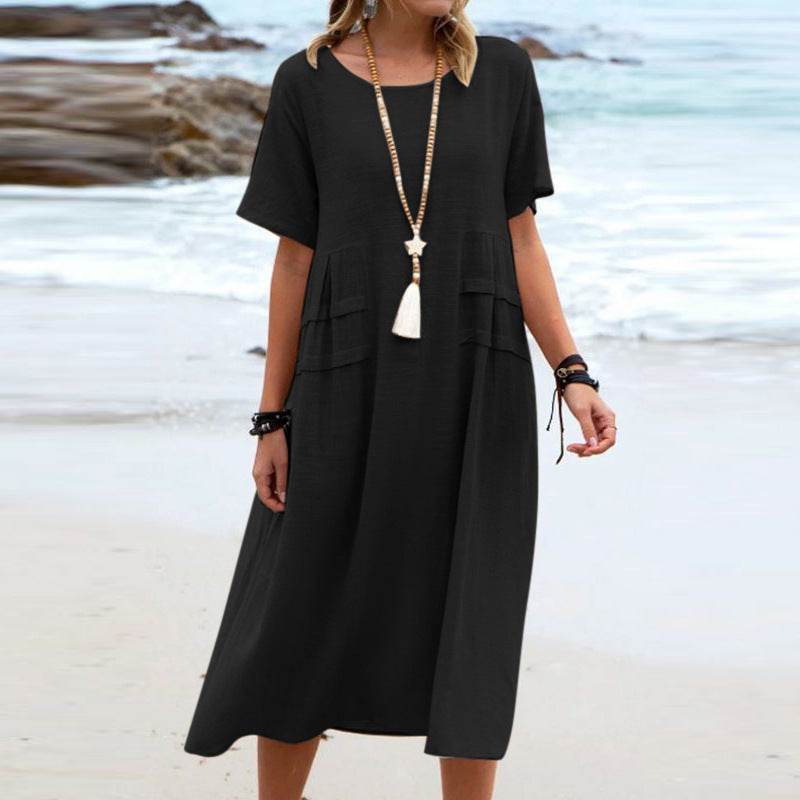 Women's Summer Loose Casual Midi Dress Breathable Cotton Linen Short-sleeve Mid-length Dresses Women Simple Beach Dress - terrifictrend