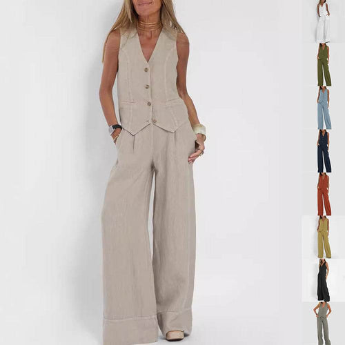 Summer Vest Suits V-neck Botton Sleeveless Top And Loose Straight Trousers Casual Womens Clothing - terrifictrend