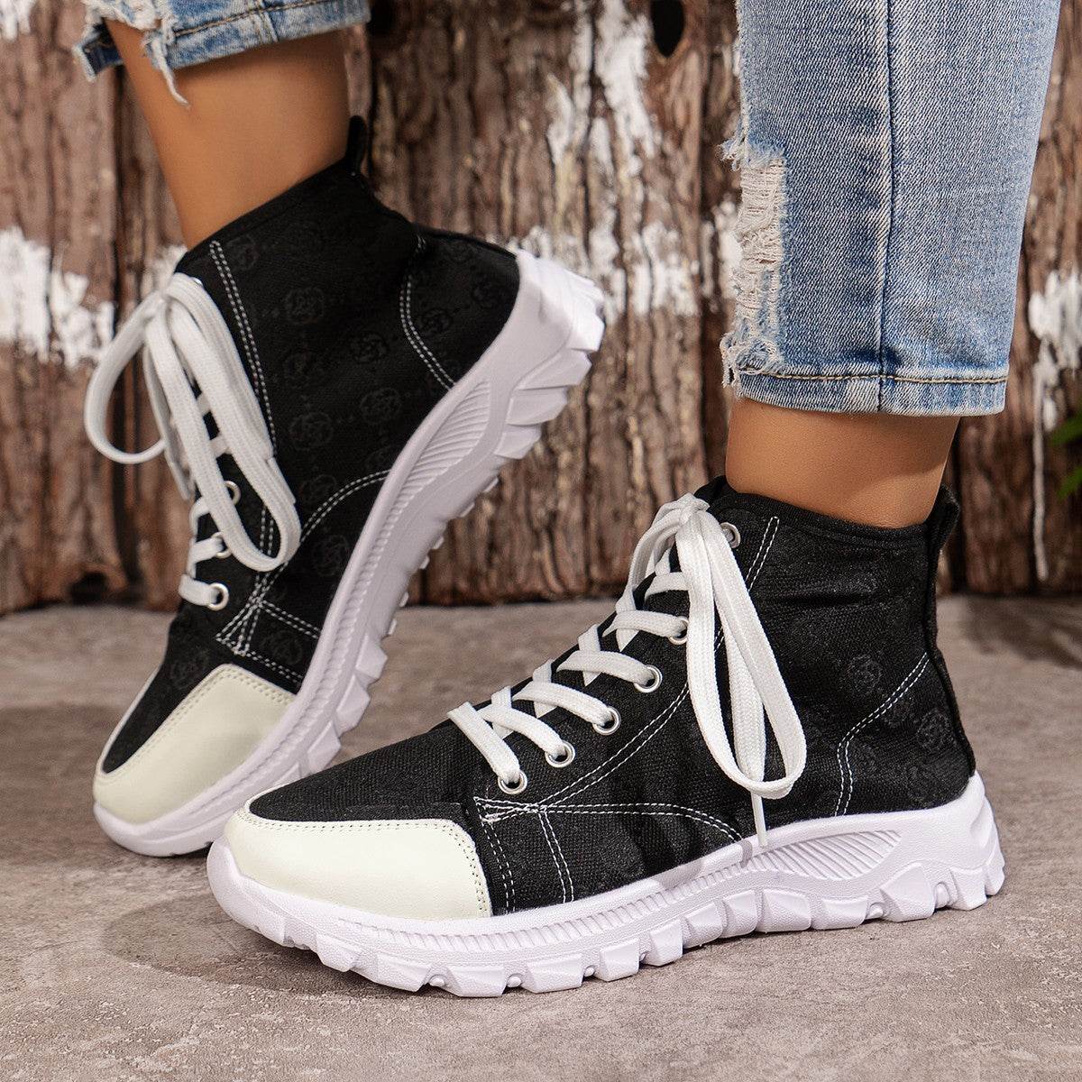 Rose-printed Lace-up Boots Fashion Breathable Canvas Shoes Sports Casual Non-slip Thick-soled Short Boot For Women - terrifictrend