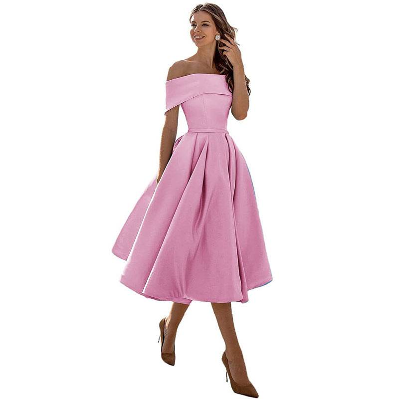 Women's Fashion Casual Strapless Satin Party Dress Off The Shoulder Tea Length Satin Prom Dresses With Pockts Formal Evening Party Dress - terrifictrend