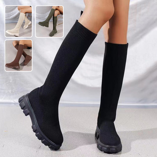 Fashion Knitted Boots Women's Flyweaving Breathable Thick-soled Skinny Boots Winter Fall Shoes Cj