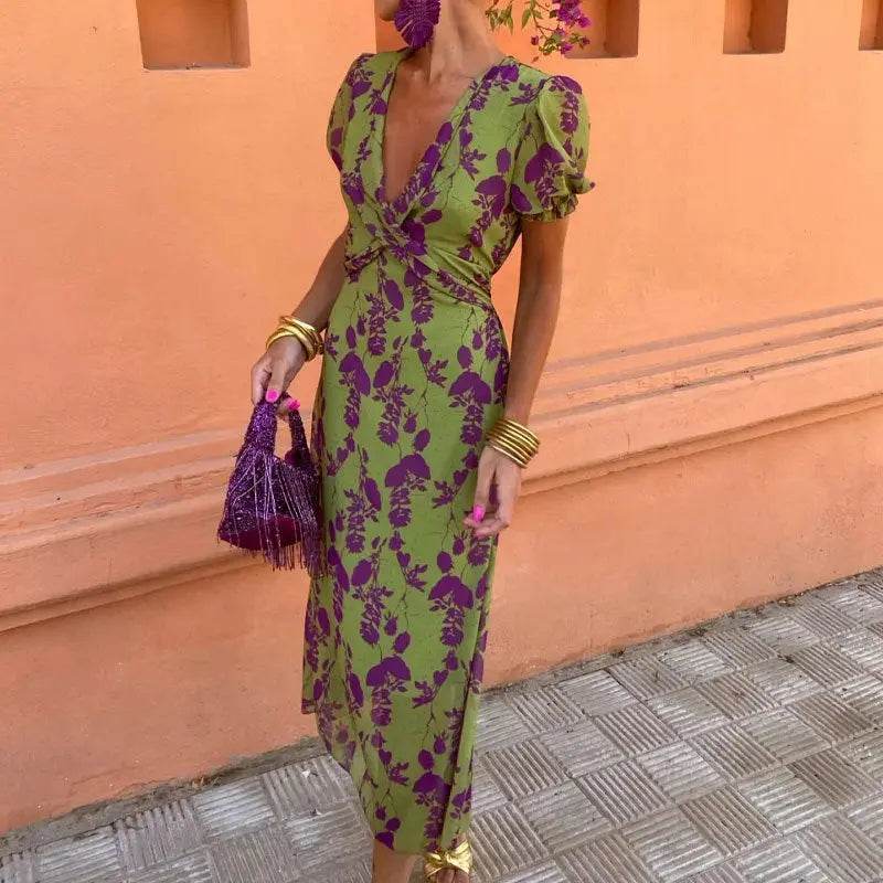 Summer V-neck Short-sleeved Dress Fashion Flowers Printed Slim Beach Dresses For Women Clothing - terrifictrend