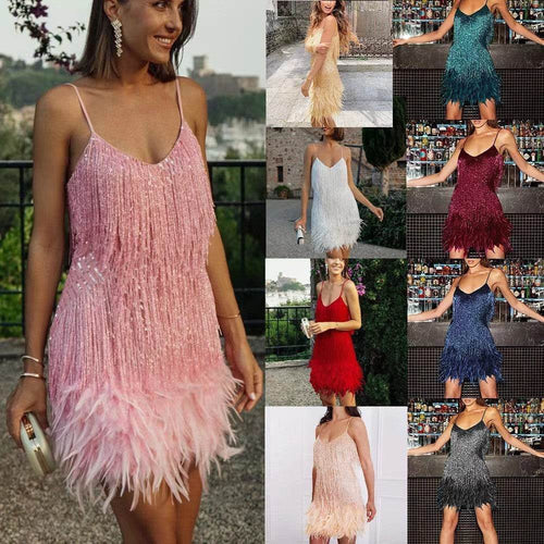 Sexy Tassel Sequins Feather Summer Mini Dress Women V Neck Spaghetti Strap Stitching Dresses Female Elegant Evening Party Club Dress - terrifictrend