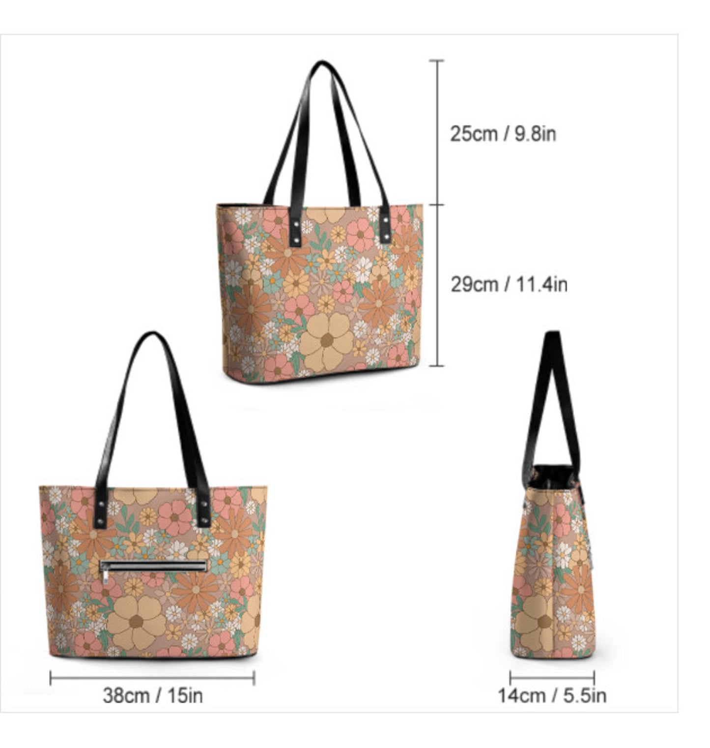 Custom Tote Hand Shoulder Bag 12 X 15 Spring Bohemian BohoBrown Orange Floral Terrifictrend