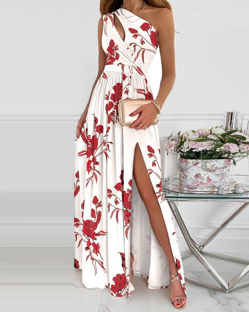 Rose Print Split Dress Summer Fashion One-shoulder Long Dress Womens Clothing - terrifictrend