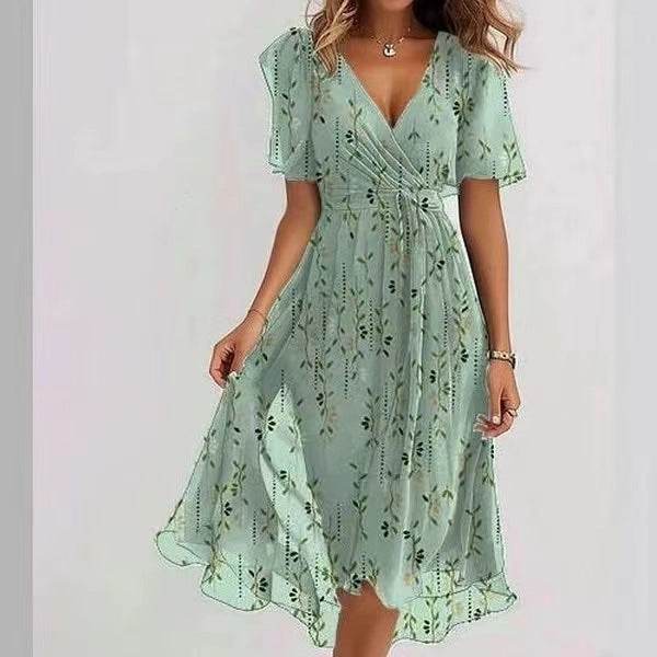 Chiffon Printed Short Sleeve Dress Summer Elegant V-neck Dresses Womens Clothing - terrifictrend