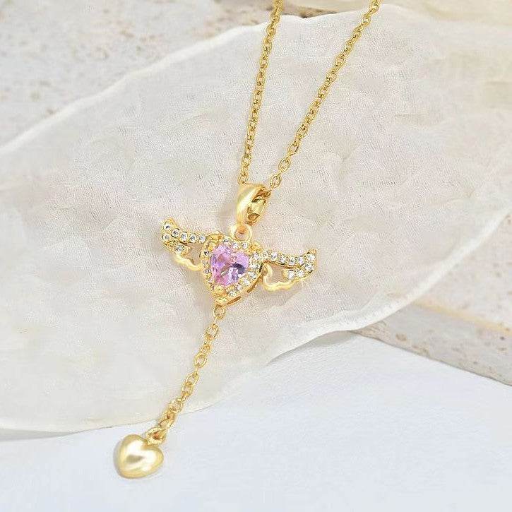 Moving Cupid Heart Angel Wings Tassel Necklace With Crystal Clavicle Chain Women Jewelry Gift Valentine's Day - terrifictrend