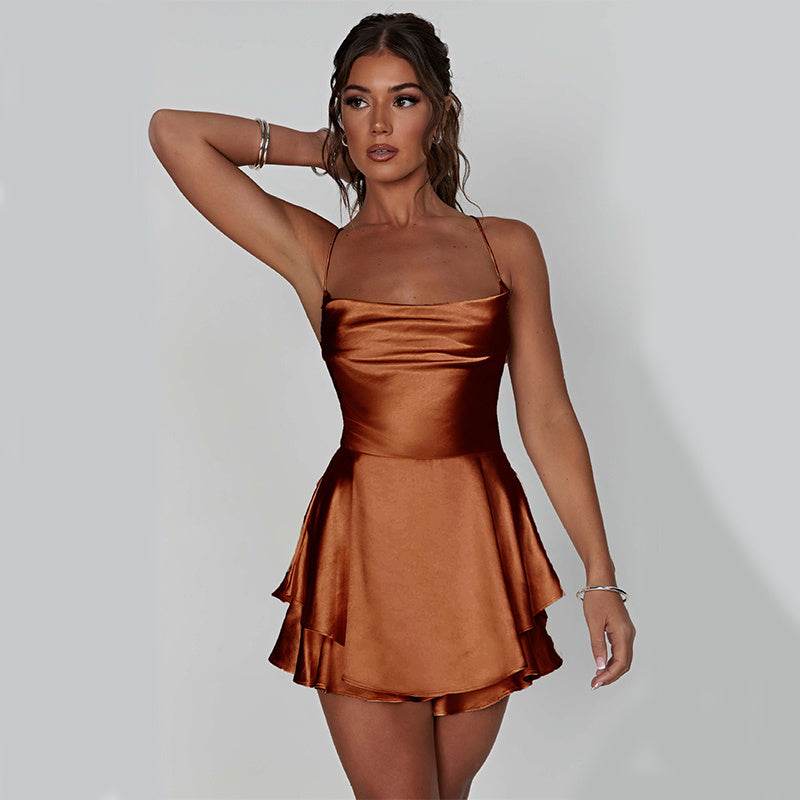 Sexy Suspender Skirt For Women Elegant Slim Strap Satin Backless Lace Up A-Line Short Dress Lady - terrifictrend