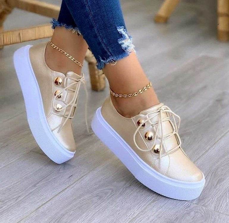Lace-up Flats Sneakers Women Rivet Casual Shoes - terrifictrend