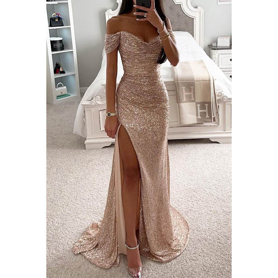 Party Sequins Off-neck Split Dress INS Casual Fashion Dress Women - terrifictrend