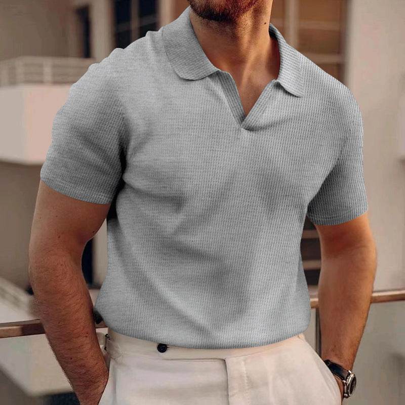 INS Waffle Lapel Short-sleeved T-shirt Summer Fashion Solid Color V-neck Polo Shirt Tops Men's Clothing - terrifictrend