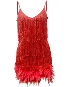Sexy Tassel Sequins Feather Summer Mini Dress Women V Neck Spaghetti Strap Stitching Dresses Female Elegant Evening Party Club Dress - terrifictrend