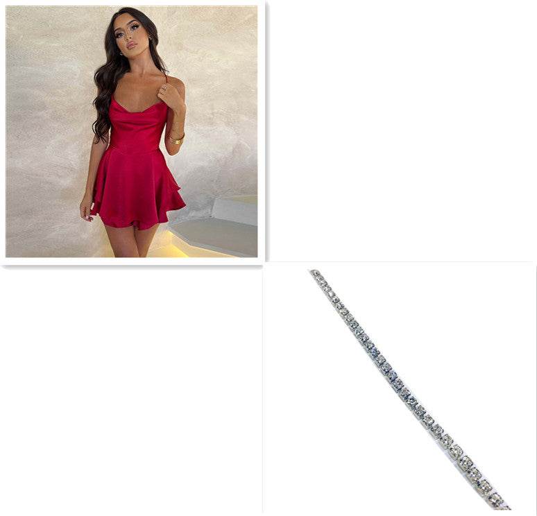 Sexy Suspender Skirt For Women Elegant Slim Strap Satin Backless Lace Up A-Line Short Dress Lady - terrifictrend