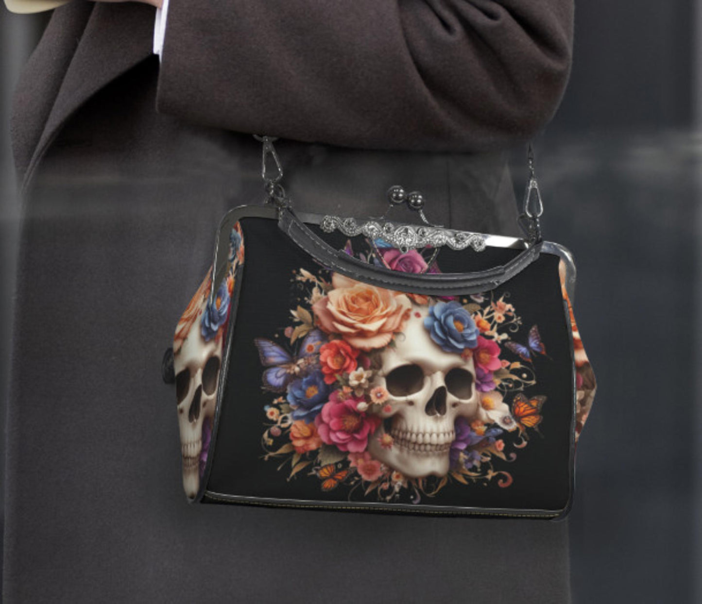 Sugar Skull Day of the Dead Halloween Floral Shoulder Cross Body Bag Satchel NEW Kisslock
