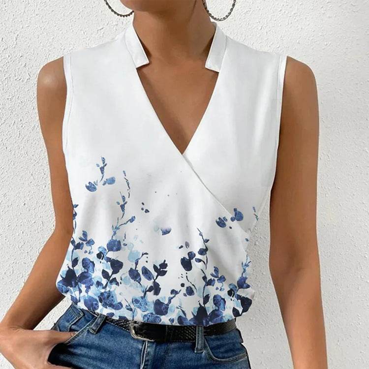 Casual Printed Tops Summer V-neck Sleeveless T-shirt Womens Clothing - terrifictrend
