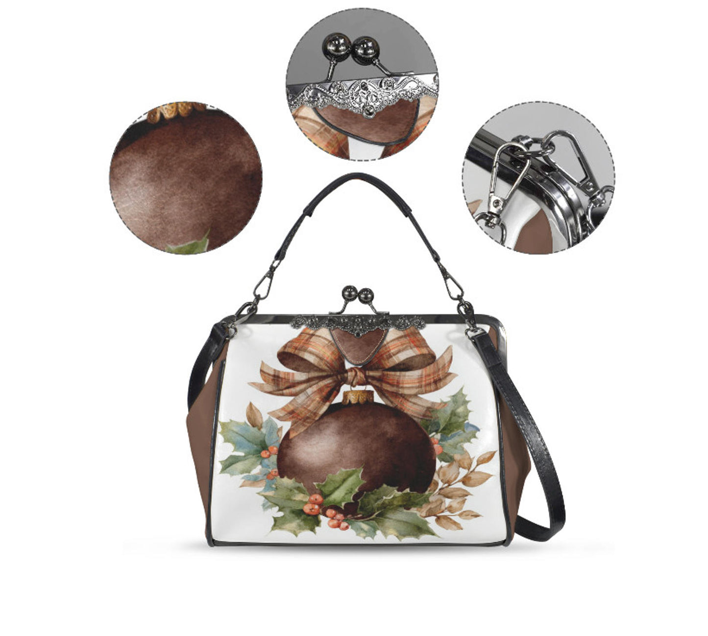 Victorian Brown Christmas Ornament Holiday Shoulder Cross Body Hand Bag Satchel Kisslock