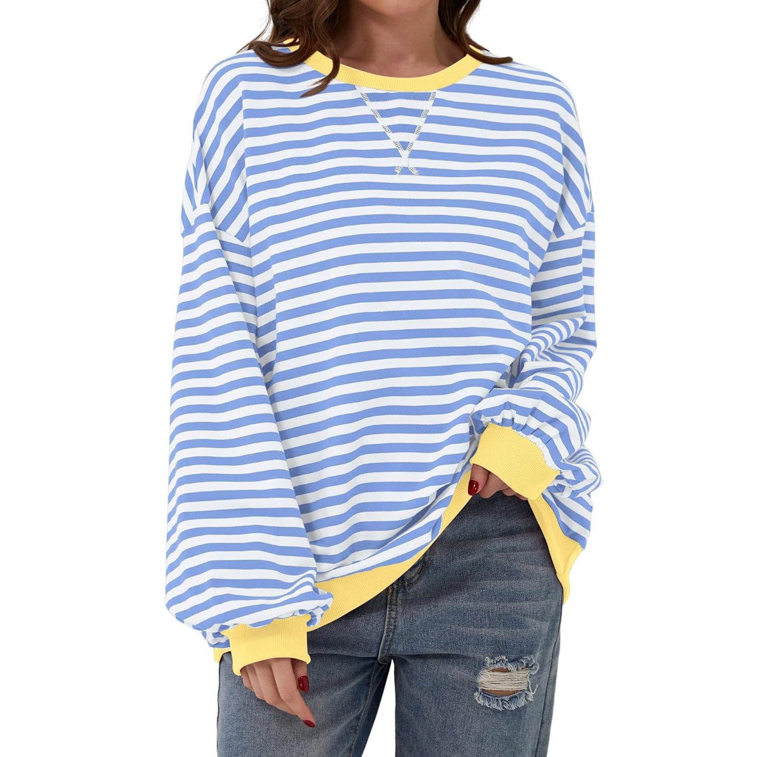 Loose Striped Long Sleeve T-shirt Casual Pullover Sweater For Womens Clothing - terrifictrend