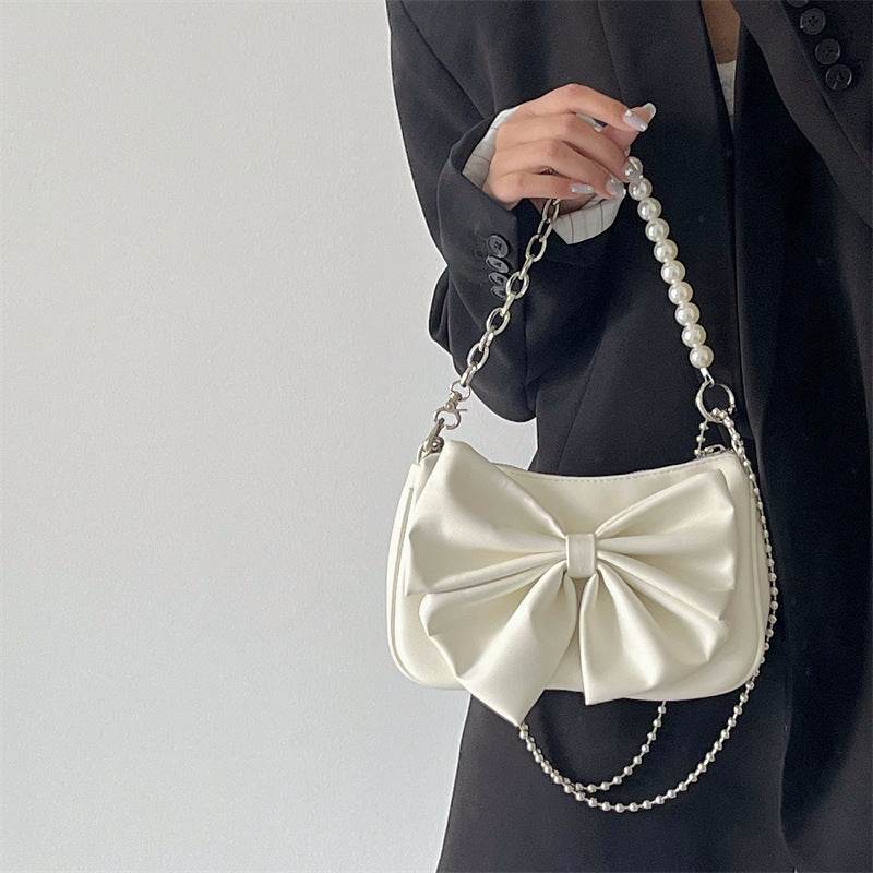 Black White PU Bow Handbags Autumn Winter Ladies Underarm Tote Bags Fashion Simple Pearl Chain Shoulder Bag Small Purse - terrifictrend
