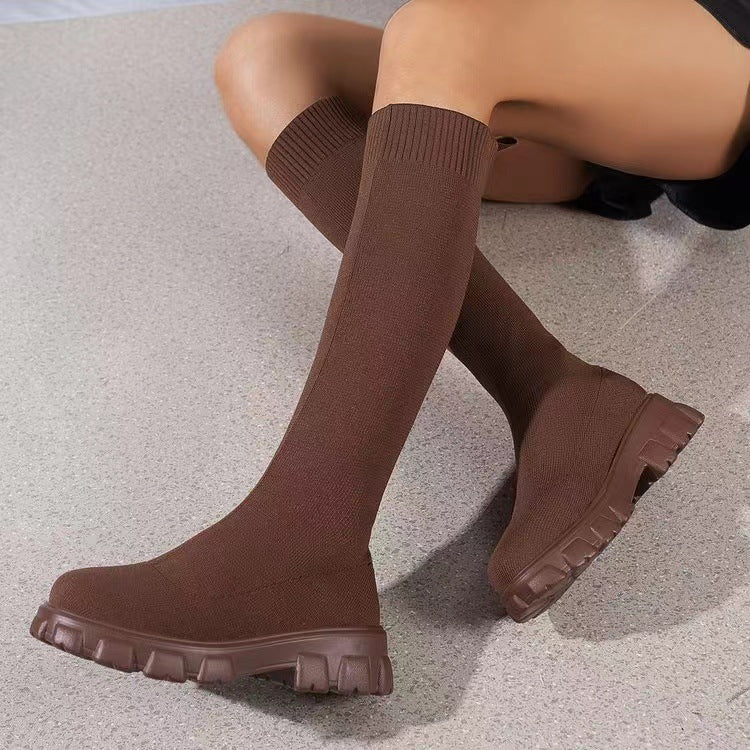 Fashion Knitted Boots Women's Flyweaving Breathable Thick-soled Skinny Boots Winter Fall Shoes Cj