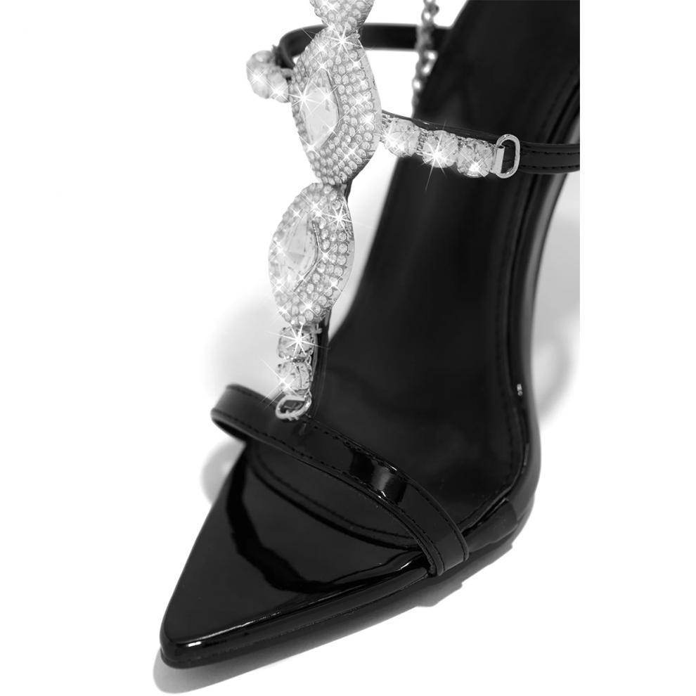 Fashionable Golden Rhinestone Gem Stiletto Sandals Toe High Heels - terrifictrend