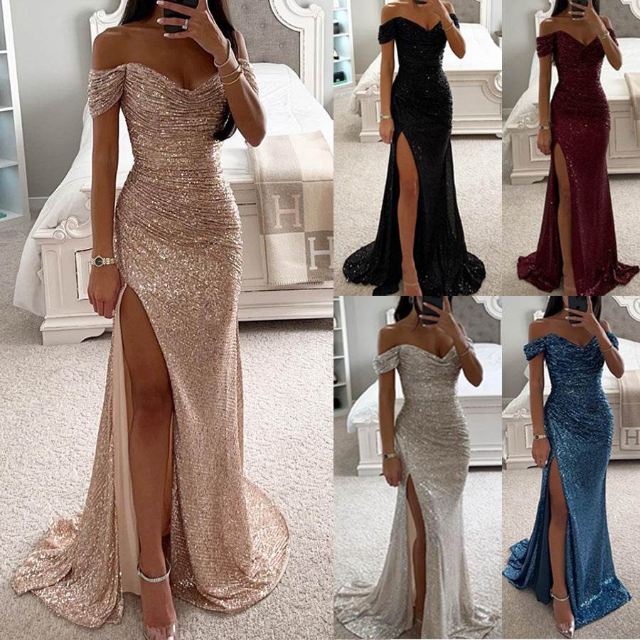 Party Sequins Off-neck Split Dress INS Casual Fashion Dress Women - terrifictrend
