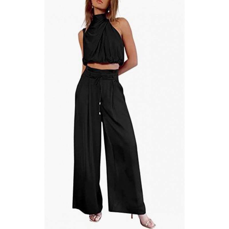 Summer Suits Casual Sleeveless Midriff-baring Top And Wide Leg Pants 2pcs Set Womens Clothing - terrifictrend