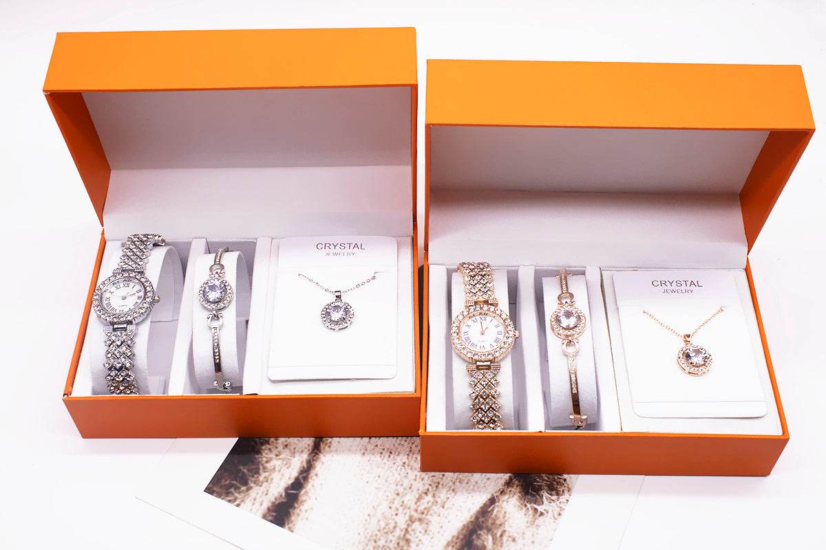 3-piece Rhinestone Watch Set With Bracelet And Necklace - terrifictrend