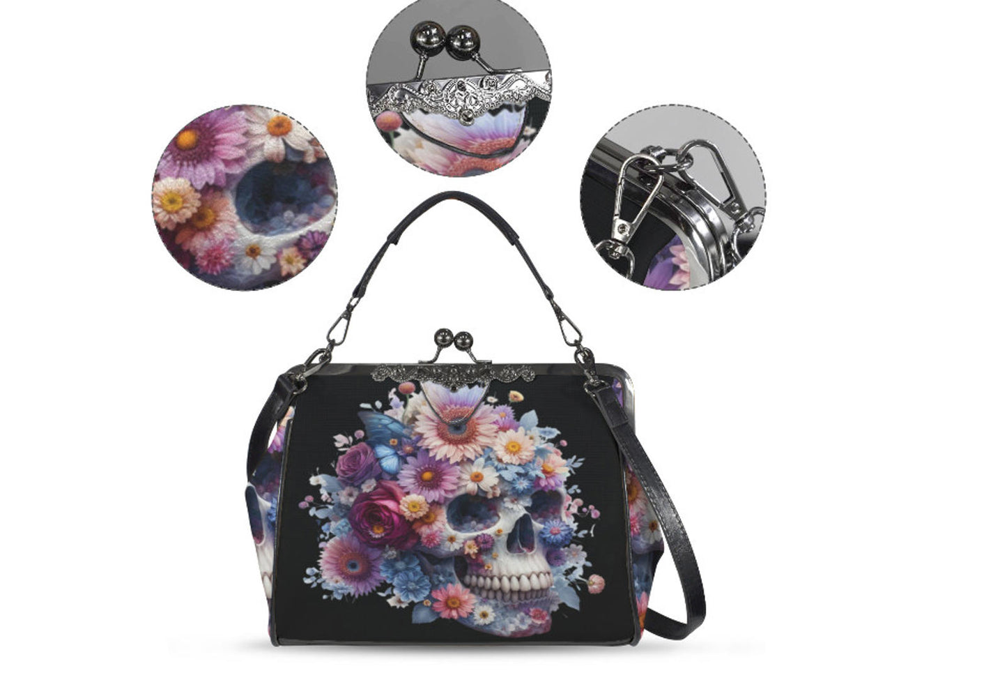Sugar Skull Day of the Dead Halloween Floral Shoulder Cross Body Bag Satchel NEW Kisslock