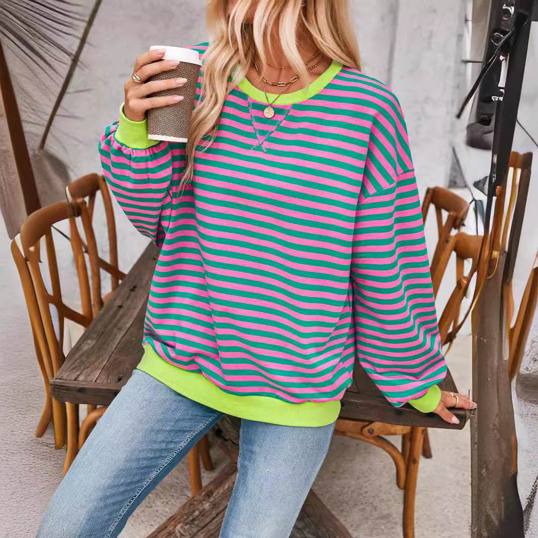 Loose Striped Long Sleeve T-shirt Casual Pullover Sweater For Womens Clothing - terrifictrend