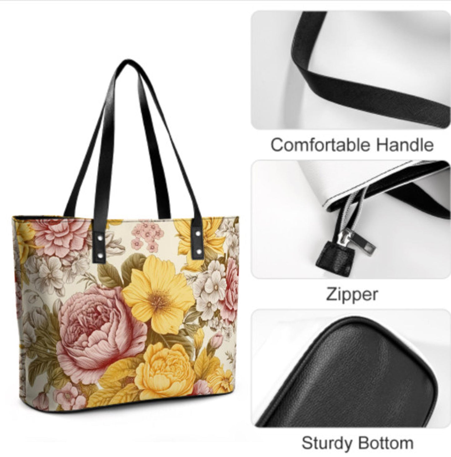 Custom Tote Hand Shoulder Bag 12 X 15 Spring Flowers Vintage Pink Yellow Cream Terrifictrend