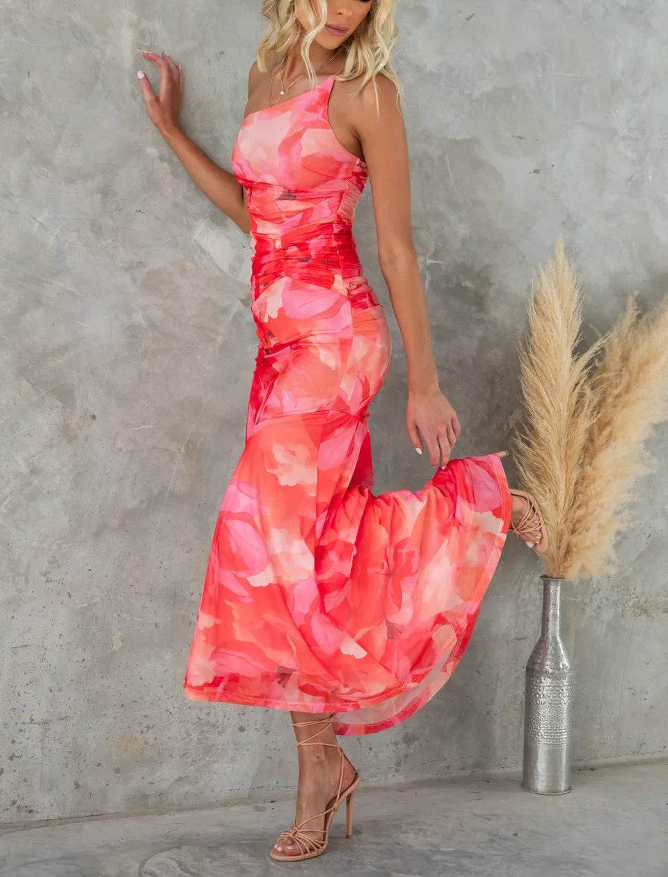 Flowers Print One-shoulder Dress Summer INS Casual Suspender Long Dresses Womens Clothing - terrifictrend