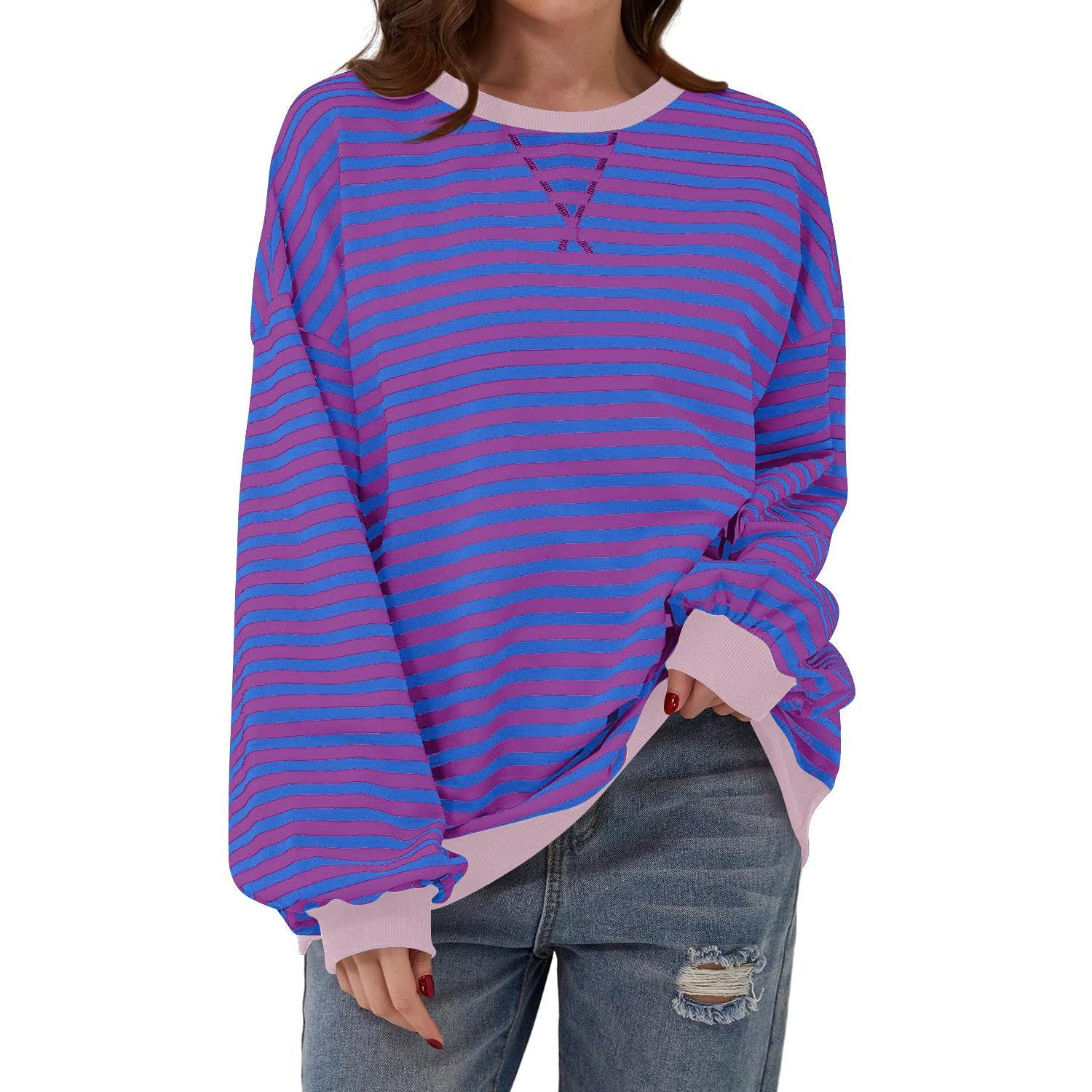 Loose Striped Long Sleeve T-shirt Casual Pullover Sweater For Womens Clothing - terrifictrend