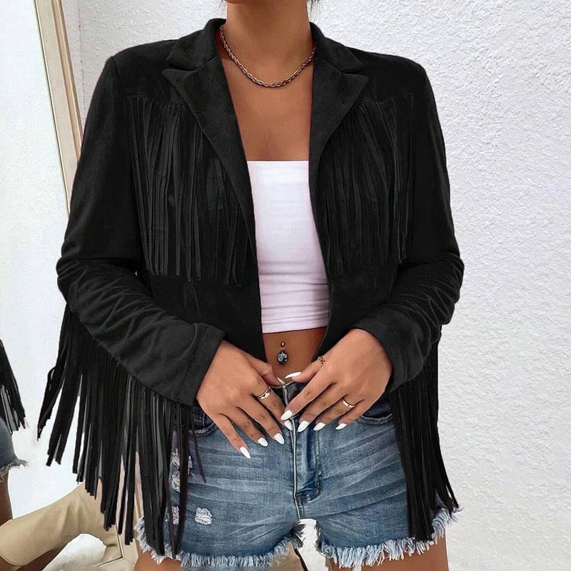 Women's Solid Color Fashion Lapel Loose Fit Fringe Long Sleeve Jacket - Stylish Tassel Detail On Chest & Sleeves For Fall&Winter Casual Wear Cj