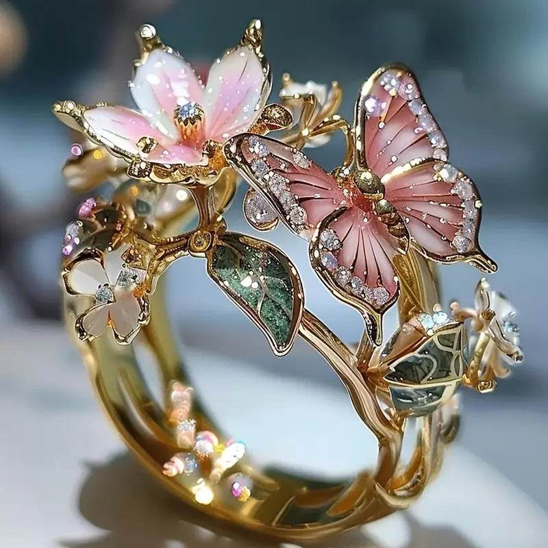 INS Flower Butterfly Ring With Rhinestones And Oil Dropping Design Fashion Personalized Jewelry For Women - terrifictrend
