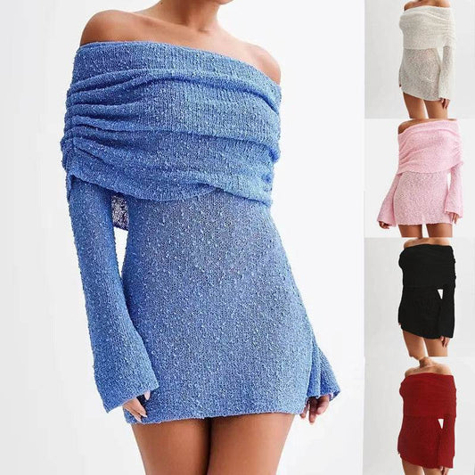 Women's Spring Summer Knitted Dress Elegant Party Boat Neck Dress Infant Off Shoulder Bodycon Long Sleeve Fuzzy Short Club Chic Mini Dress - terrifictrend