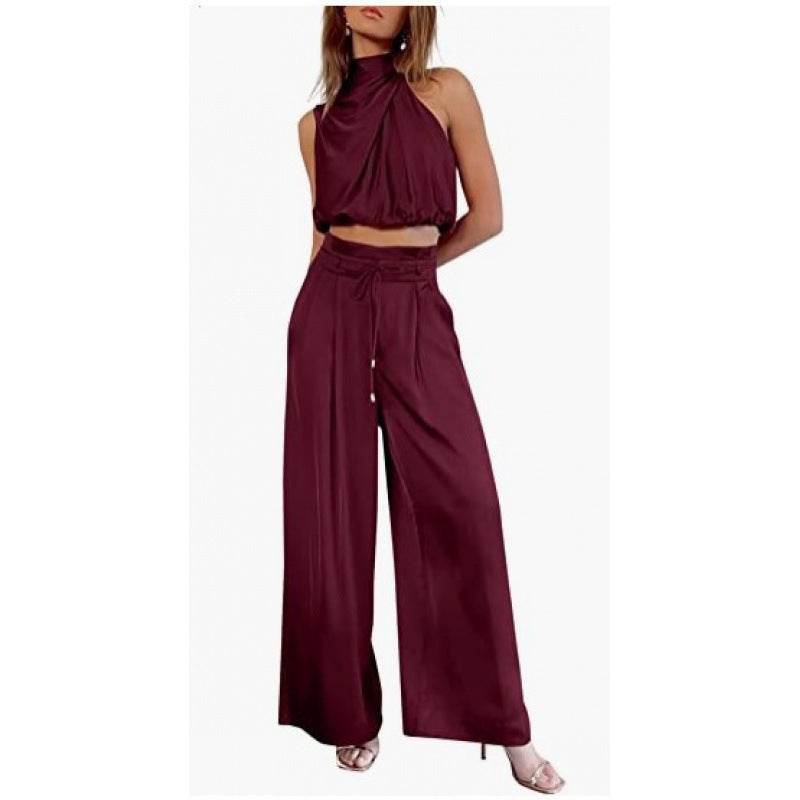 Summer Suits Casual Sleeveless Midriff-baring Top And Wide Leg Pants 2pcs Set Womens Clothing - terrifictrend