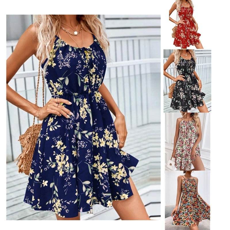 Floral Print Suspender Dress With Elastic Waist Design Fashion Summer Short Dresses Womens Clothing - terrifictrend