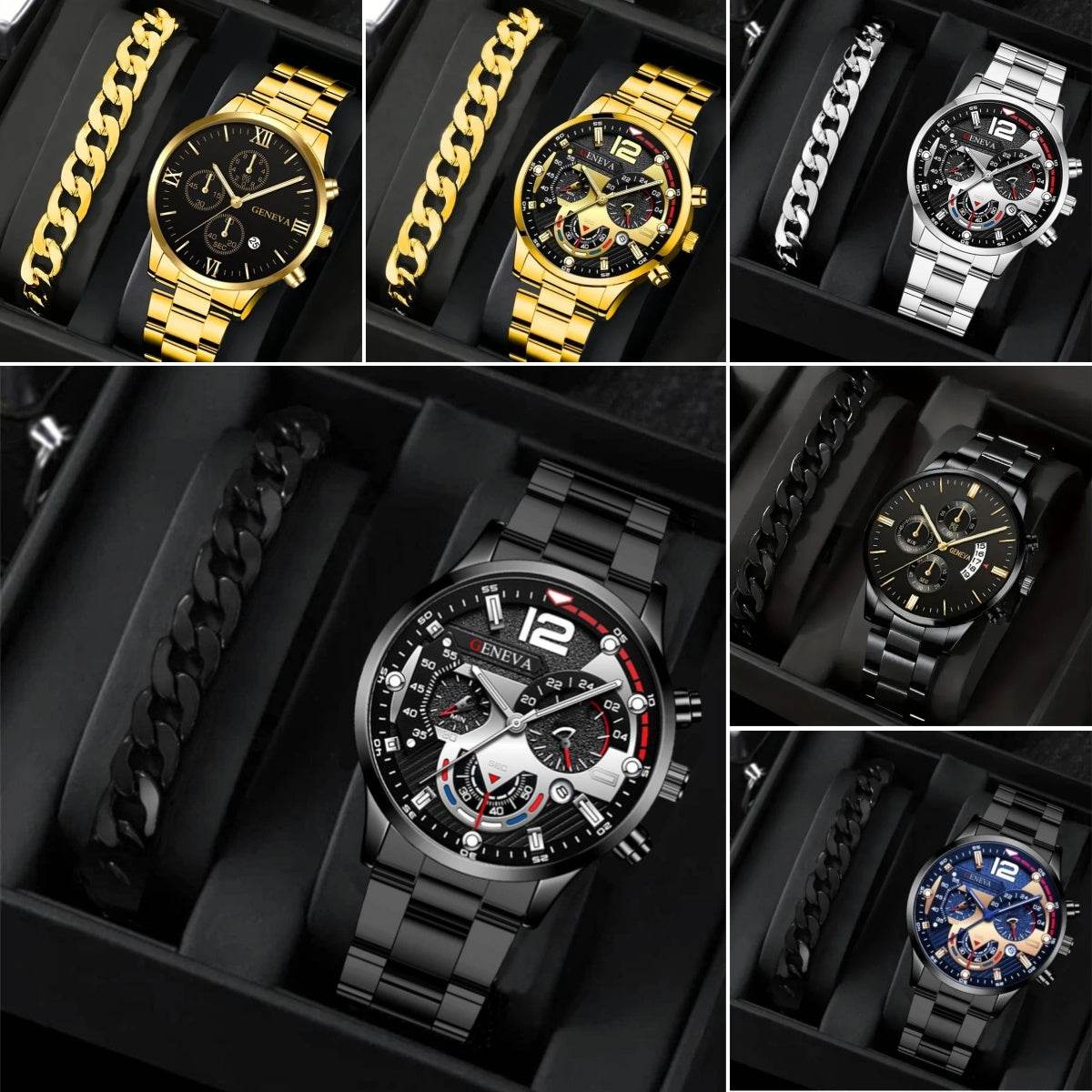 2pcs Men's New Popular Steel Strip Fashion Business Three Eye Quartz Watch Bracelet Set Valentine's Day Gifts - terrifictrend