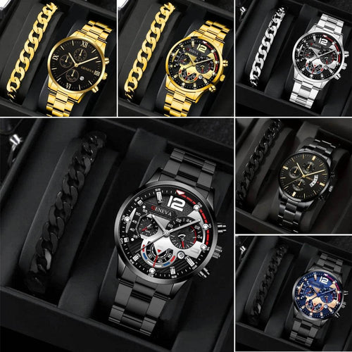 2pcs Men's New Popular Steel Strip Fashion Business Three Eye Quartz Watch Bracelet Set Valentine's Day Gifts - terrifictrend